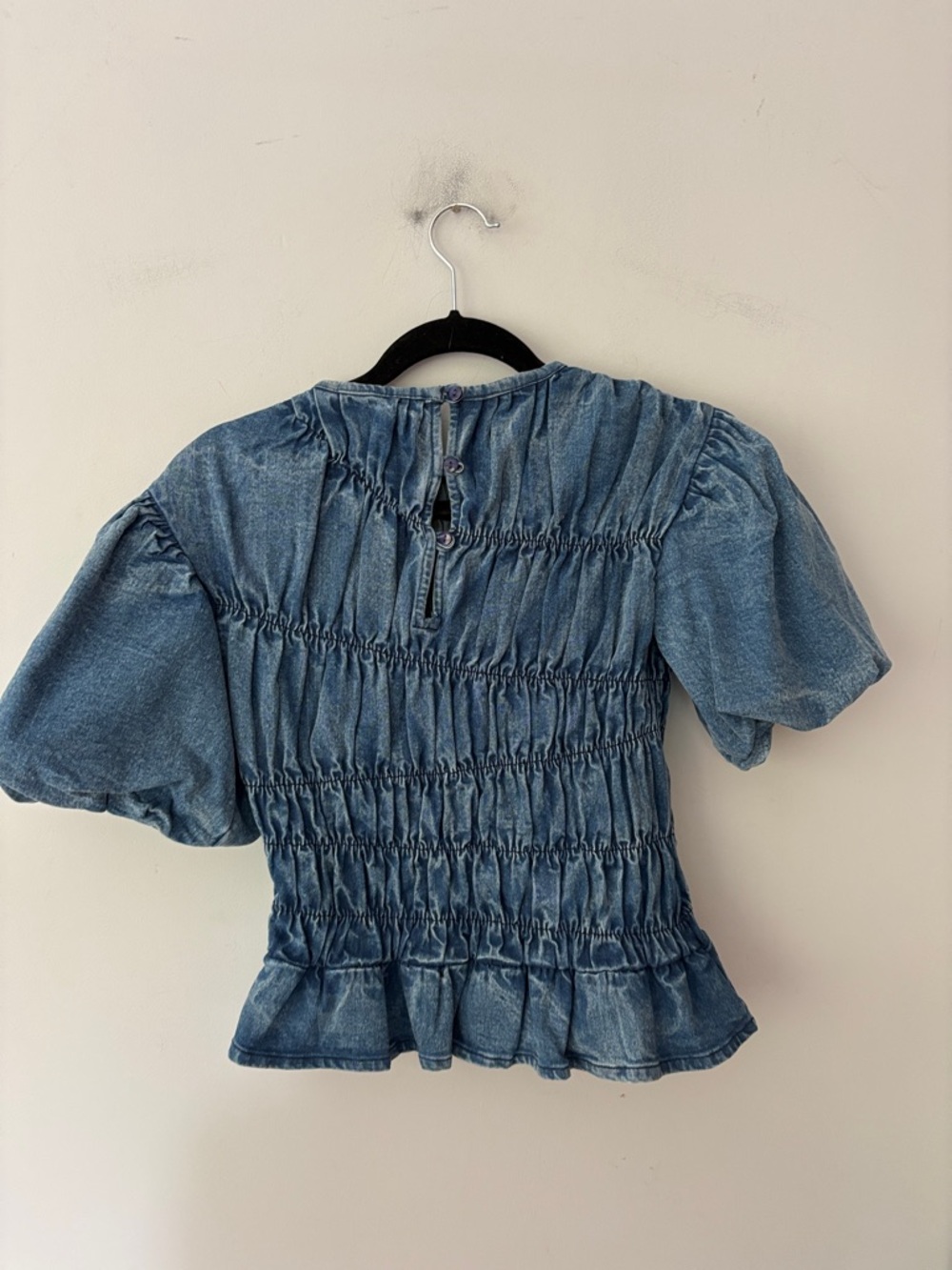 Reclaimed Vintage Blue Denim Puff-Sleeve Shirred Top - Picture 9 of 13